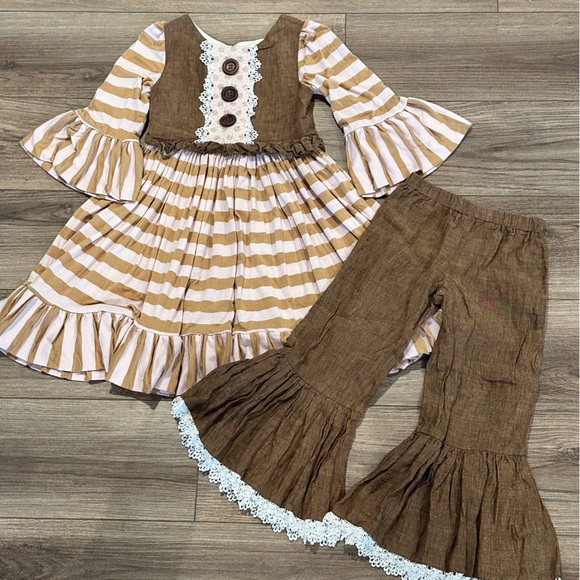 Girls 7 Owls and Bats Linen Brown and Pink Flare Dress with Matching Pants - Picture 1 of 7